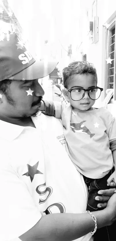 Black and white photo of a man holding a child, depicting a tender moment.