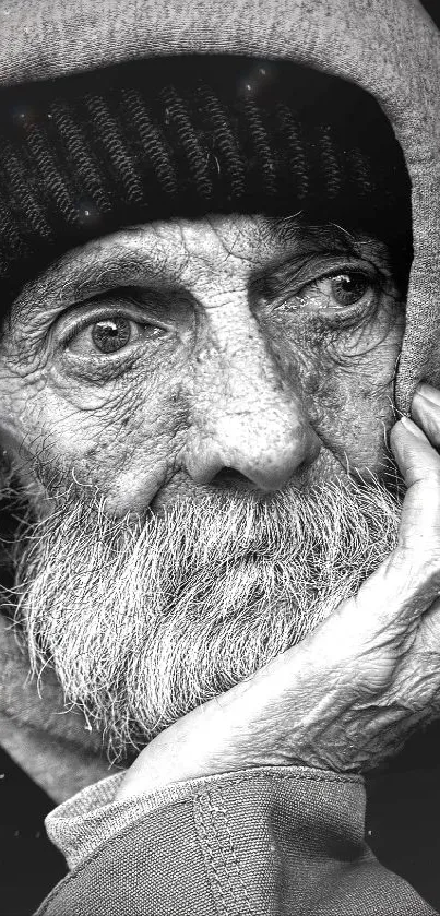 Black and white portrait of a thoughtful elderly man with a deep gaze.