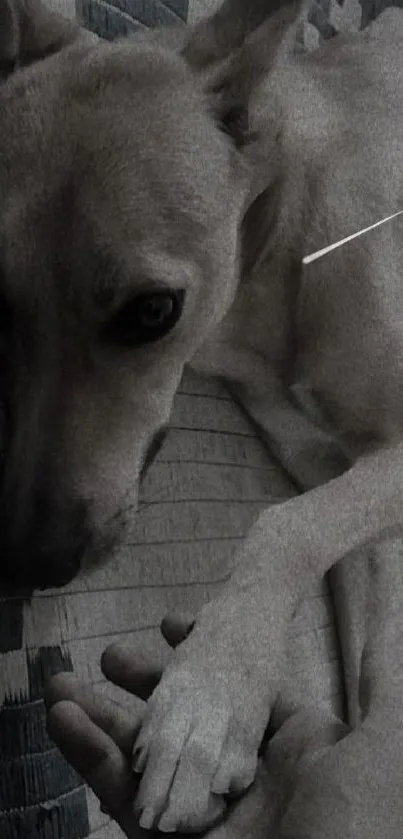 Close-up of a dog in monochrome holding a human hand.