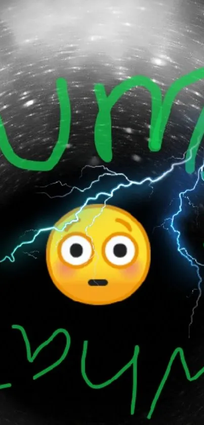 Shocked emoji with lightning on swirling black background, green text.