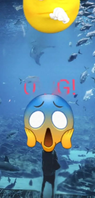 Aquarium background with surprise and playful emojis.