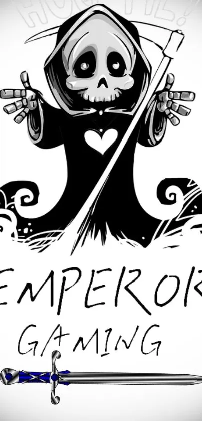 Emperor gaming wallpaper with grim reaper and sword, black and white theme.