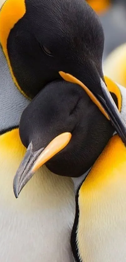 Two Emperor Penguins in a gentle embrace.