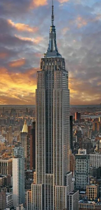 Empire State Building at sunset with a vibrant cityscape.