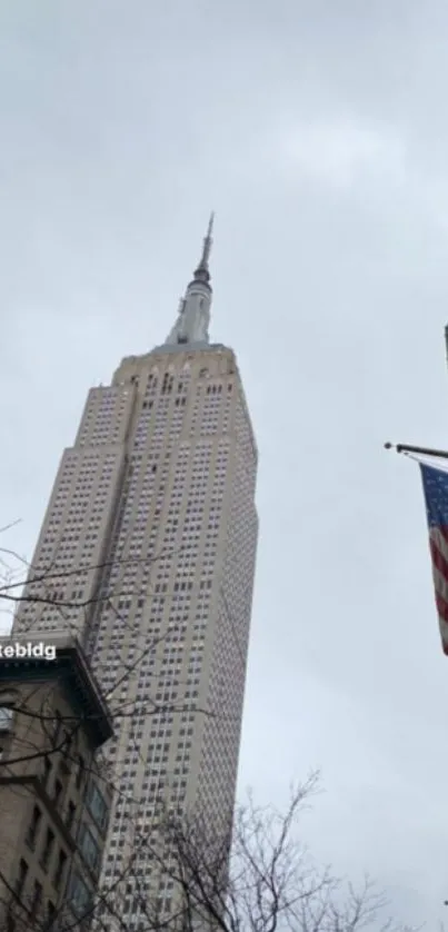 Skyscraper view of Empire State Building with cloudy sky.