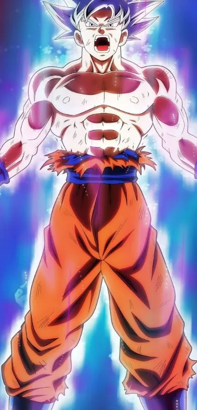 Anime character with blue aura and orange outfit in dynamic pose.