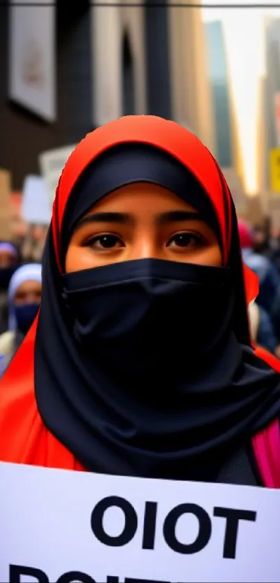 Woman in hijab during a city protest, vibrant and empowering.