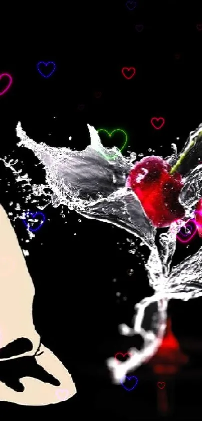 Graphic of a flexing woman with cherries splash on black background.