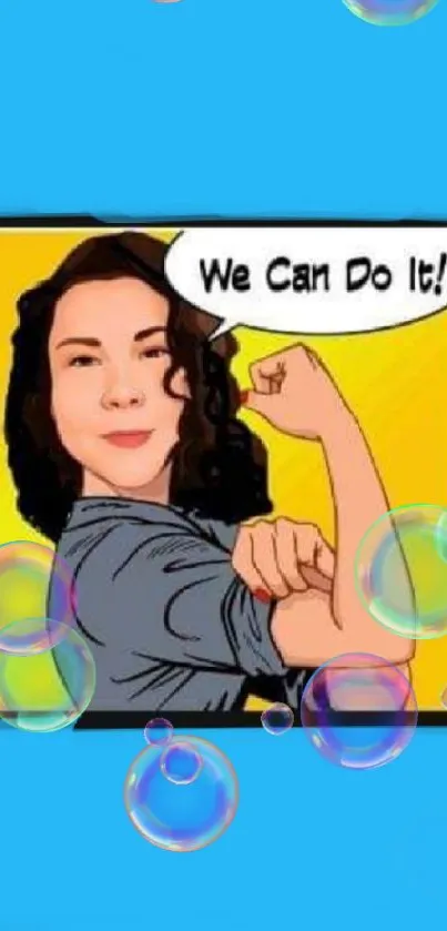 Cartoon woman in 'We Can Do It' pose on blue background wallpaper.