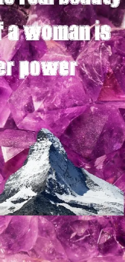 Amethyst crystal background with mountain and empowering text.