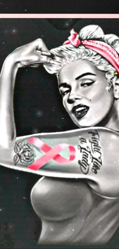 Feminist art wallpaper: strong woman with pink ribbon tattoo.