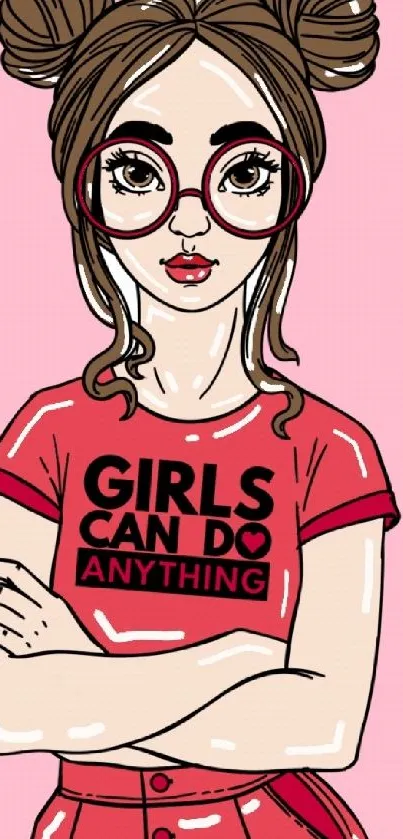 Animated girl with glasses on pink background promoting empowerment.