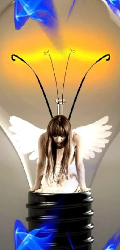 Fantasy lightbulb with angel figure art wallpaper.