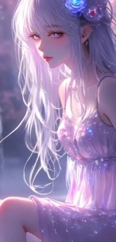 Anime girl with floral hair in ethereal lavender setting.