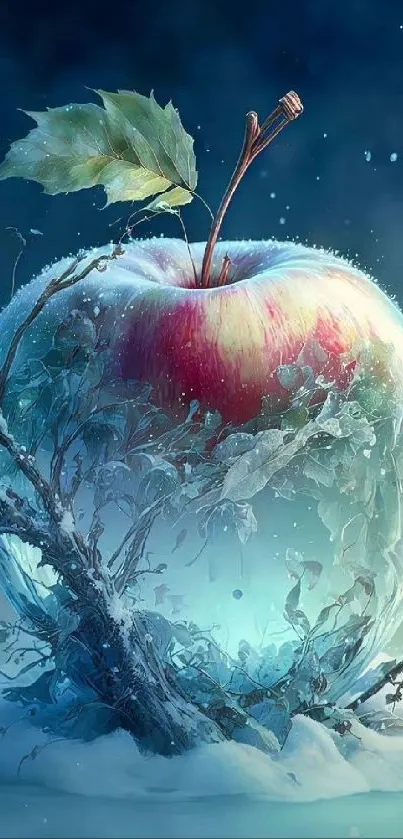 Enchanted red apple encased in ice with swirling blue mist.