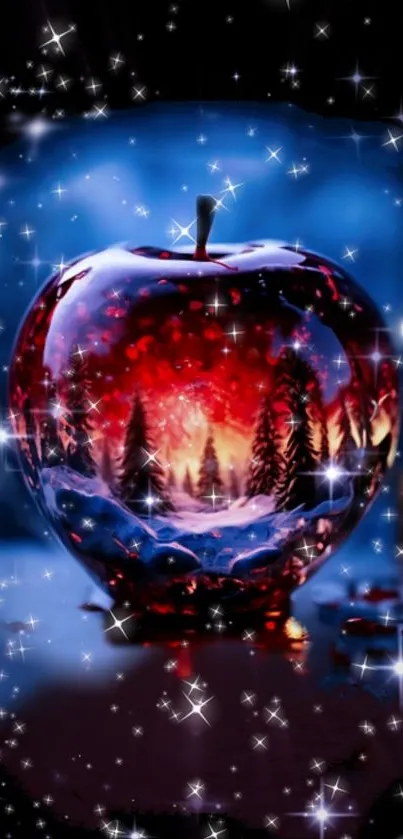 Enchanted apple with stars and forest in vibrant, mystical night scene.