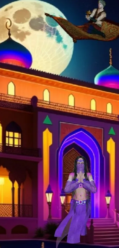 Arabian night wallpaper with palace, moon, flying carpet, and genie.