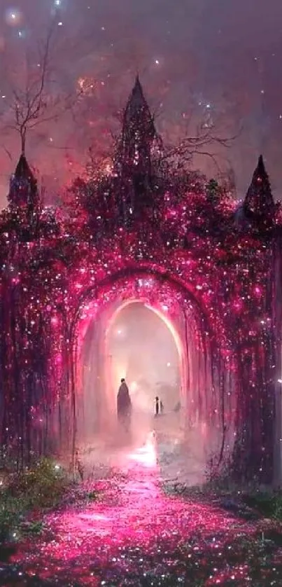 Mysterious pink-lit archway in fantasy forest wallpaper.