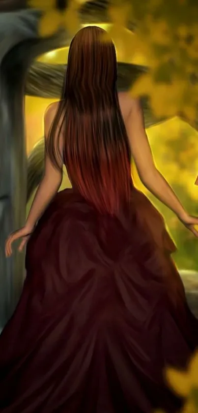 Fantasy art wallpaper of a woman in a dress surrounded by golden autumn leaves.