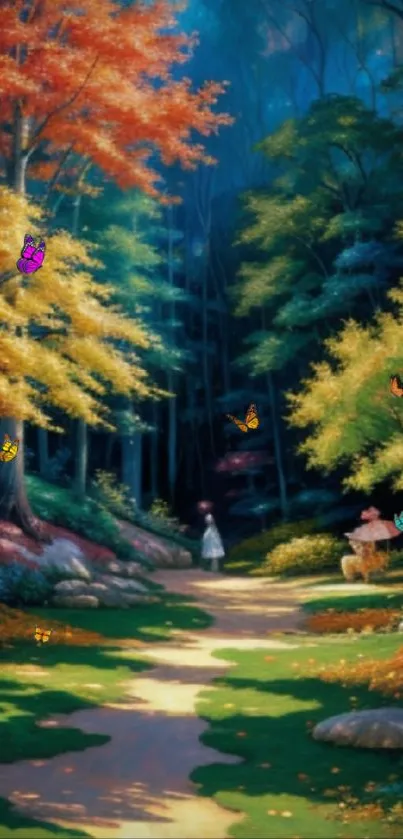 Enchanted forest path with autumn leaves and butterflies.