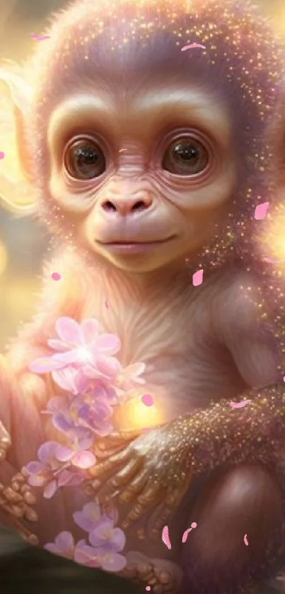 Adorable baby monkey amidst glowing pink flowers.