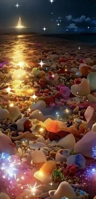 Enchanted beach with twinkling lights and colorful stones at night.