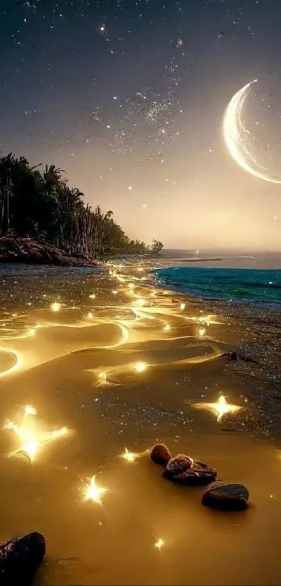 Nighttime beach with a crescent moon and golden lights along the shore.