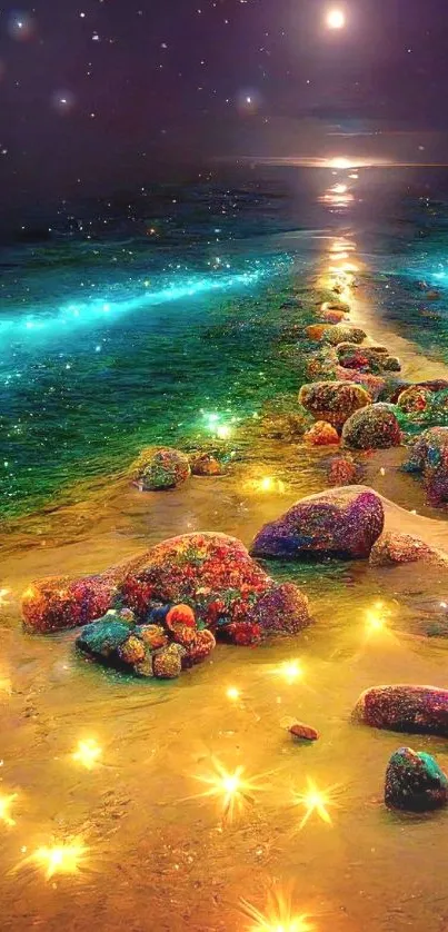 Enchanting night beach with glowing stones and moonlit ocean.