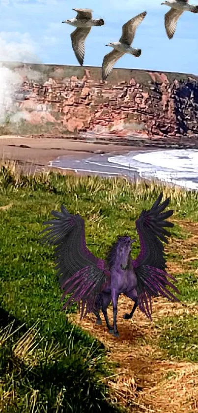 Purple winged horse on a green coastal landscape with birds.