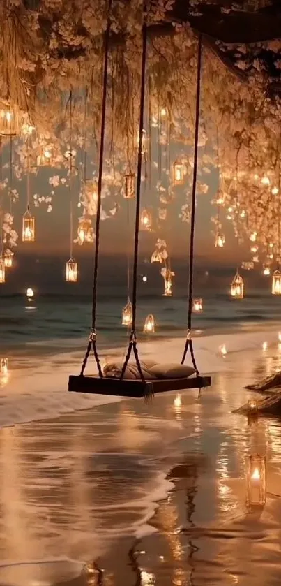 Swing under glowing lanterns by the beach at night.