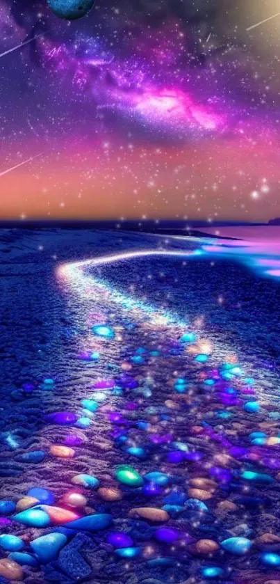 Magical beach night with lighted path and a lighthouse under a starry sky.