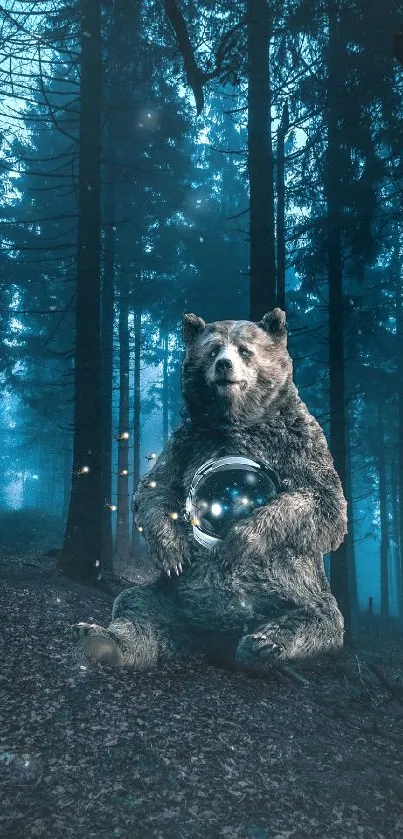A bear holds a glowing orb in a foggy, enchanted forest at night.