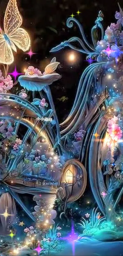 Magical bicycle with flowers and glowing butterfly in fantasy art.