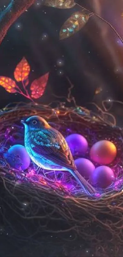 Enchanting digital art of a bird's nest with vibrant eggs glowing in a mystical forest.