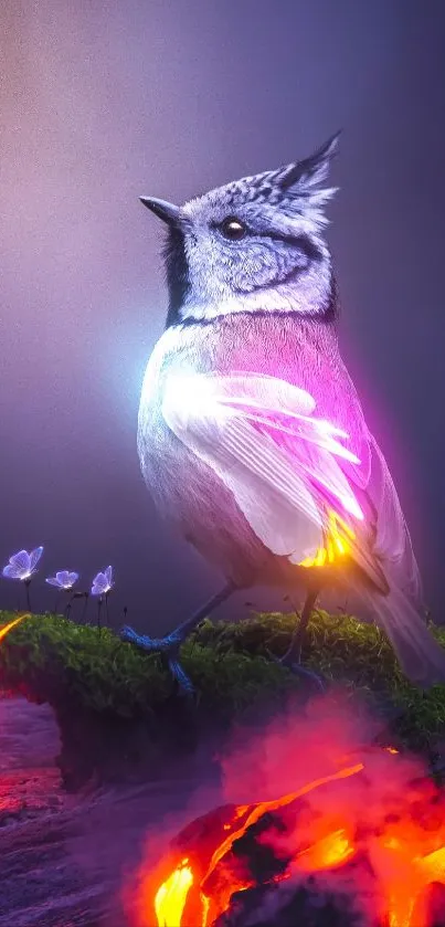 Fantasy bird with glowing lava and neon lights in a mystical scene.