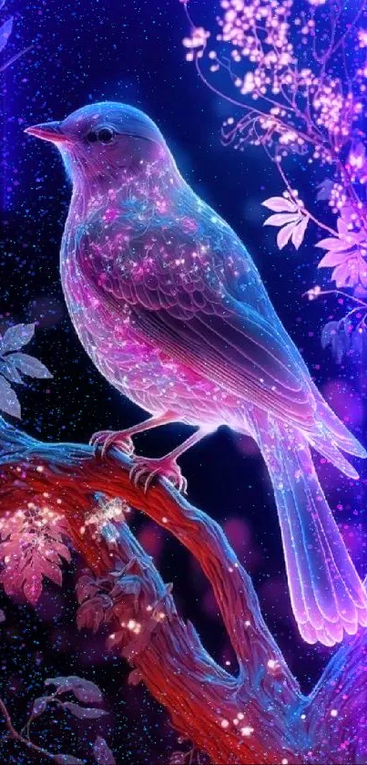 Enchanting purple bird on a glowing tree with mystical night vibes.