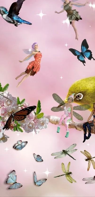 Bird with fairies and butterflies on a branch.