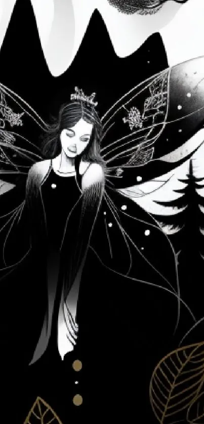 Enchanted fairy in black and white forest wallpaper.