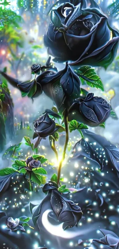 Enchanted black roses with glowing lights on a dark background.