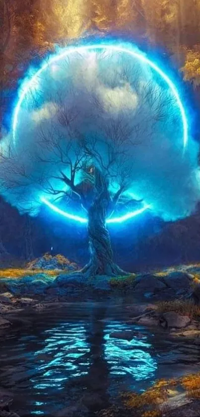 Magical blue-aura tree in a mystical forest wallpaper.