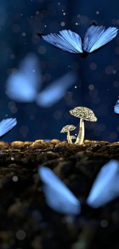 Mobile wallpaper with blue butterflies and glowing mushrooms at night.