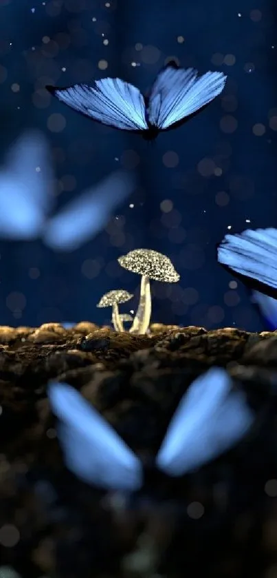 Whimsical blue butterflies hover over mushrooms in enchanted forest.