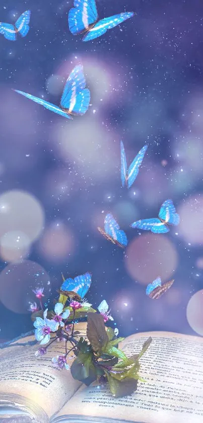 Blue butterflies and an open book with a magical night sky background.