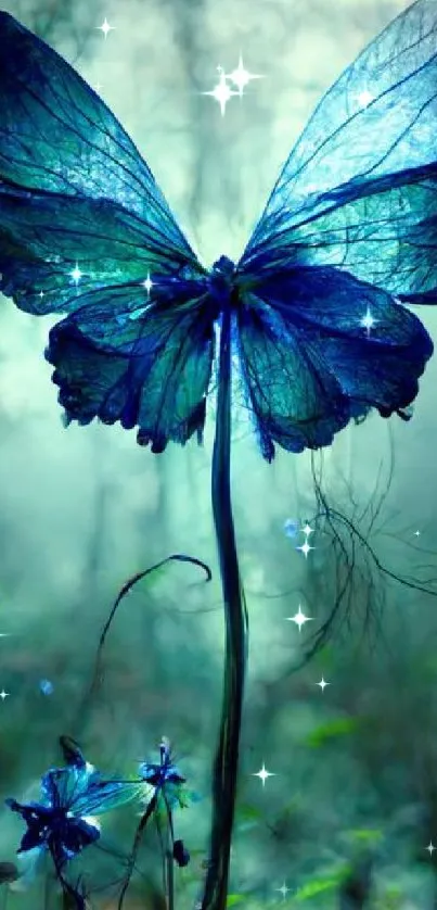 Blue butterfly in a mystical forest glowing with enchanting light.