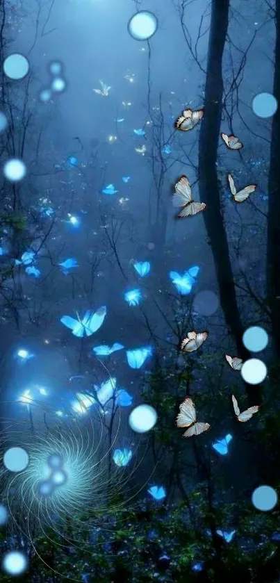 Blue butterflies glow in a dark enchanted forest wallpaper.