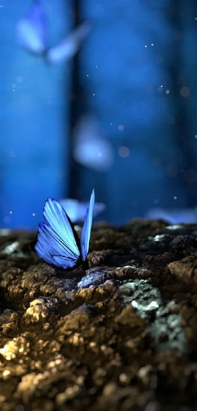 Mystical blue butterfly resting in an illuminated forest setting with a whimsical glow.