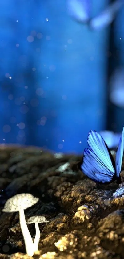 Enchanted blue butterfly and mushrooms in a mystical forest setting.