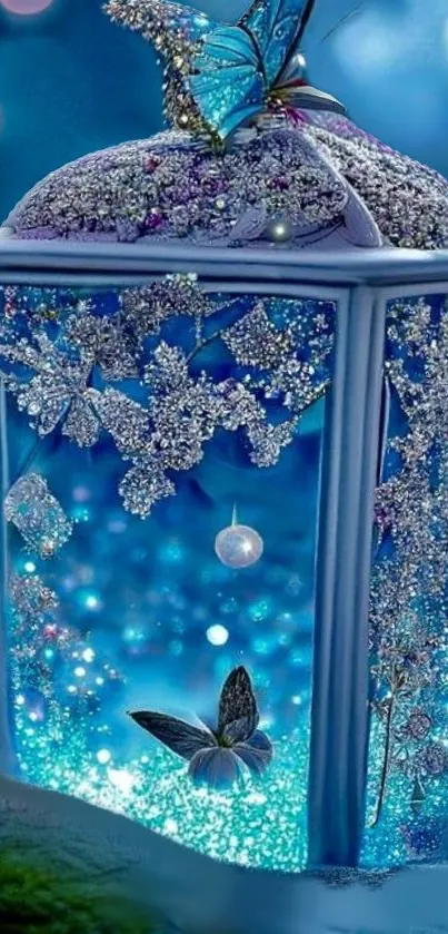 Enchanted blue lantern with butterflies glowing softly in a mystical ambiance.