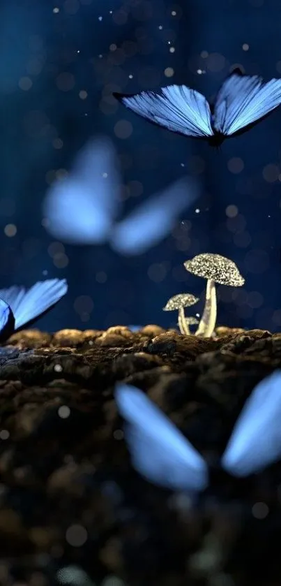 A mystical scene with blue butterflies and glowing mushrooms in a dark forest.