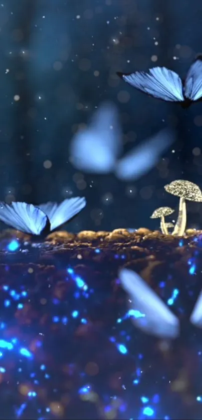 Enchanting wallpaper with blue butterflies and glowing mushrooms.